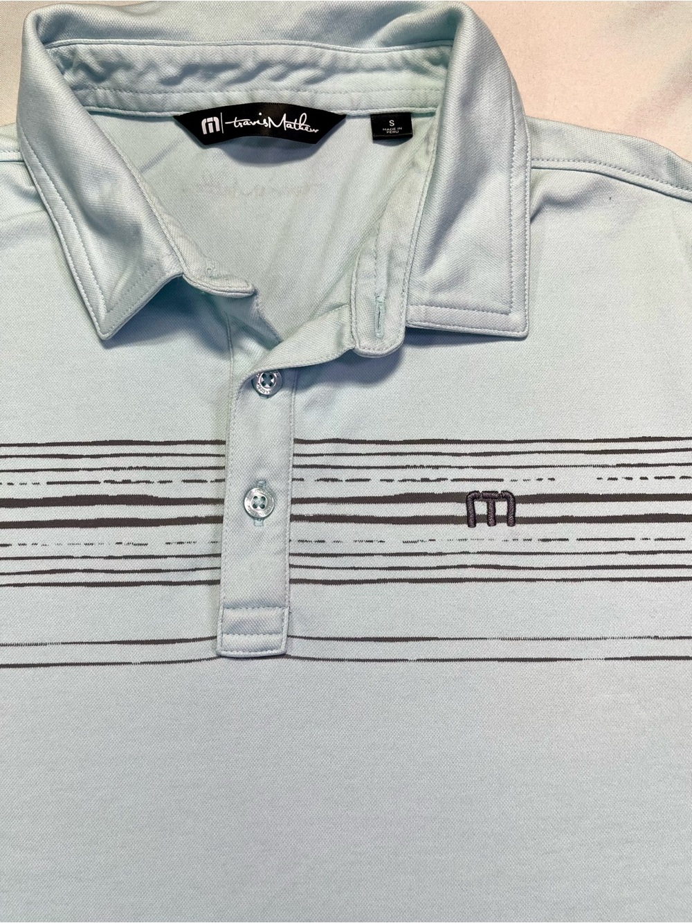 Travis Mathew Men's Light Blue Striped Short Sleeve Polo Golf Shirt - S